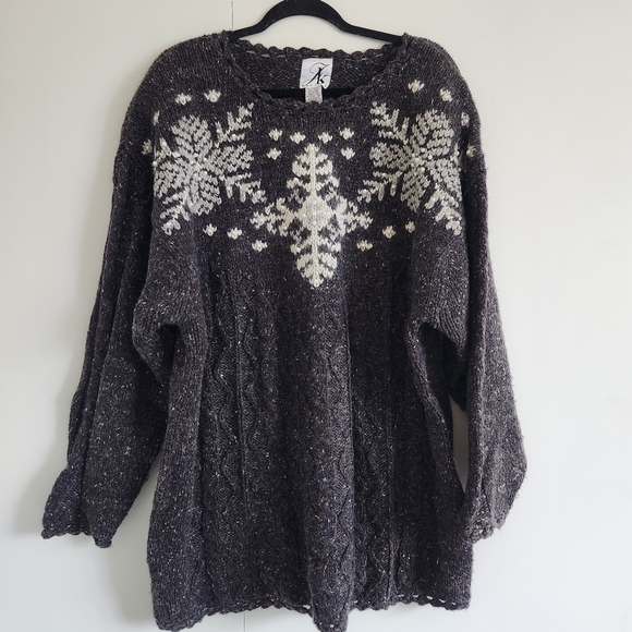 Anne Klein Sweaters - Anne Klein Charcoal and Cream Fair Isle Cable-Knit Sweater